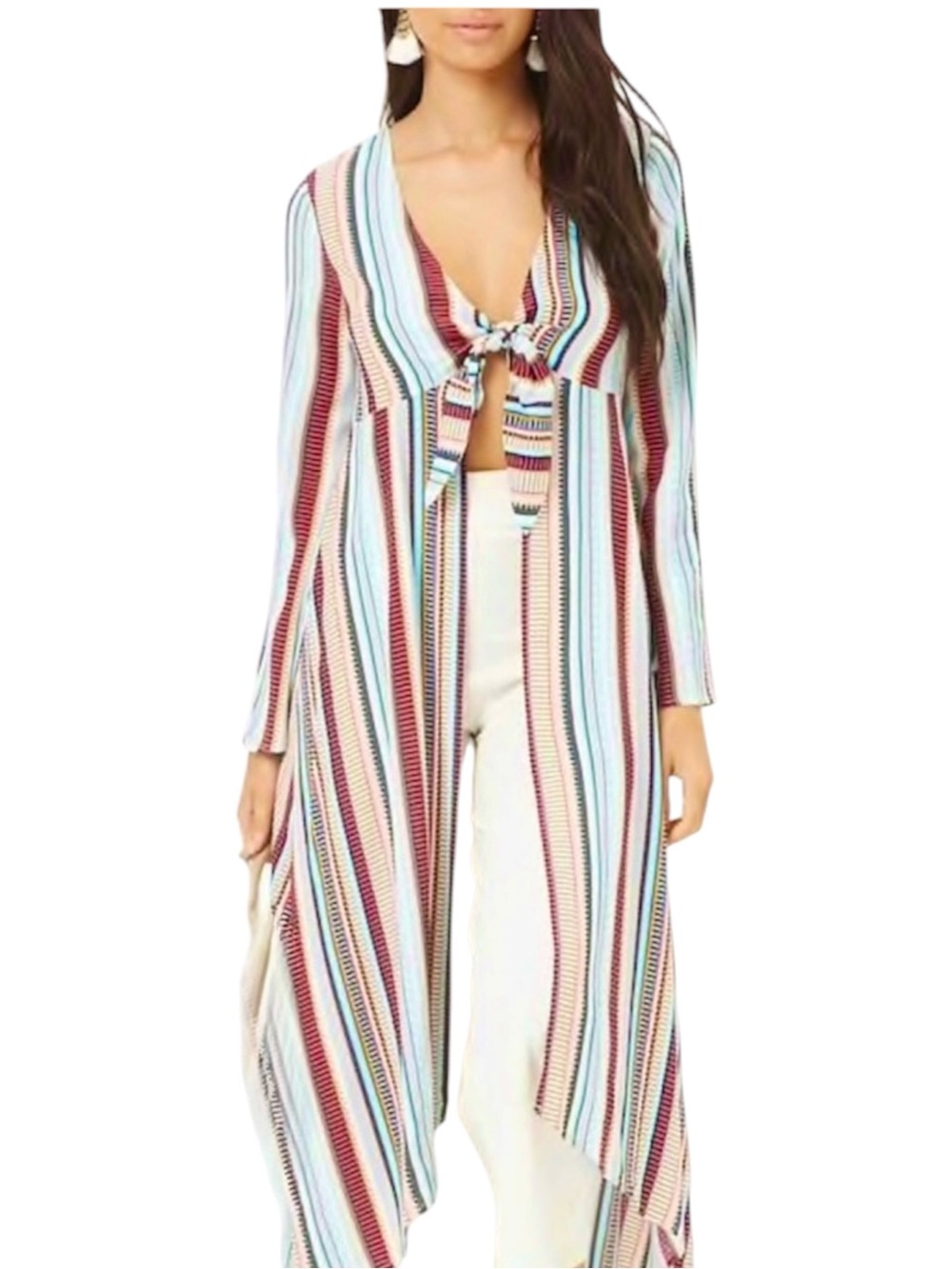 FOREVER 21 Tie Front Striped Duster Dress Cardigan Cover Up Maroon Blue Sz Large